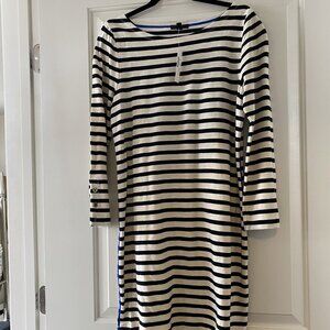 J. Crew 100% Cotton Dress Cream w/ Black Stripes, Blue Striping Size Medium NWT